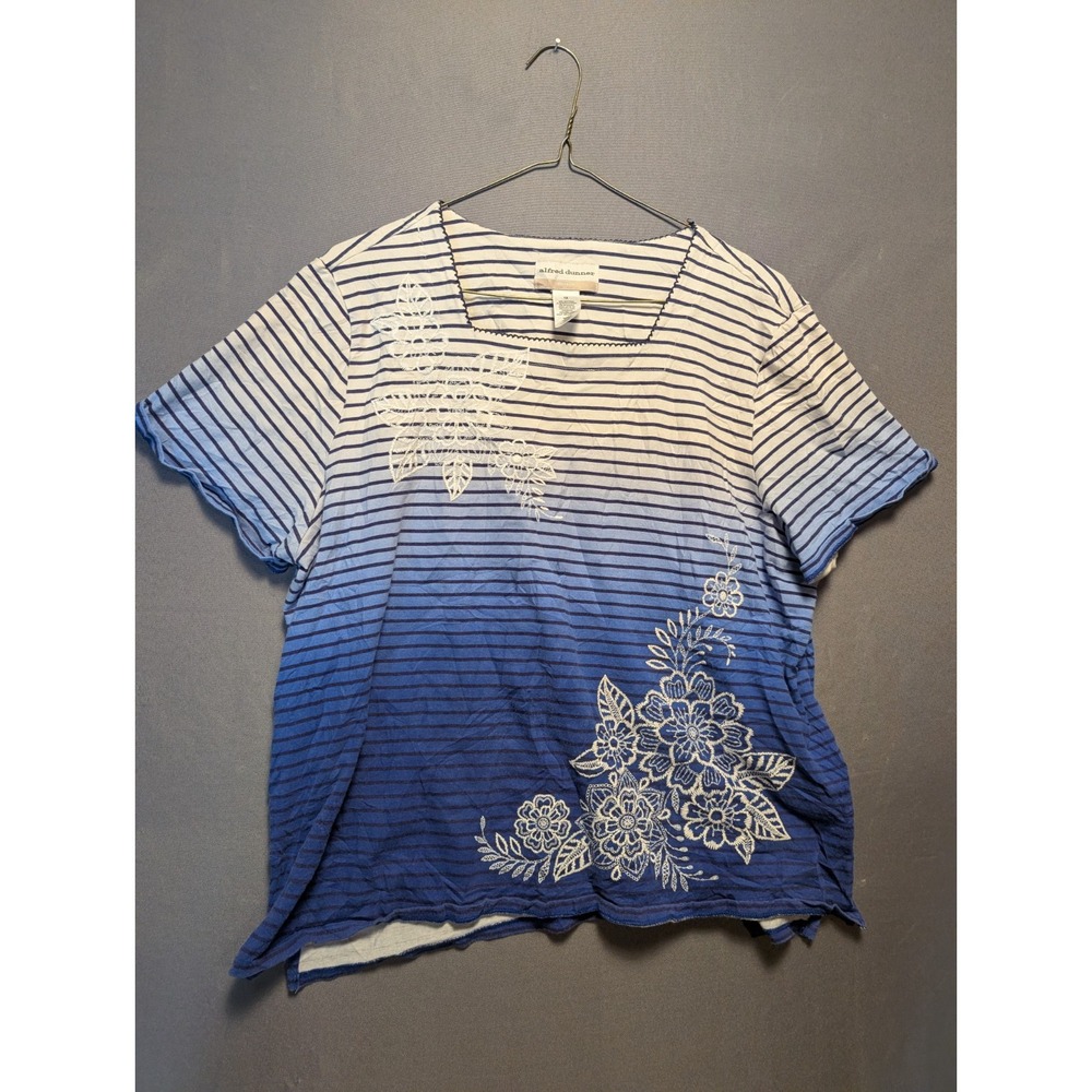 Alfred Dunner Top Womens 1X Blue Ombre Striped Embroidered Floral Square Neck